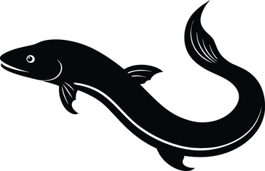 Eel fish silhouette art vector style illustration, Black silhouette an eel like fish with a curved vector