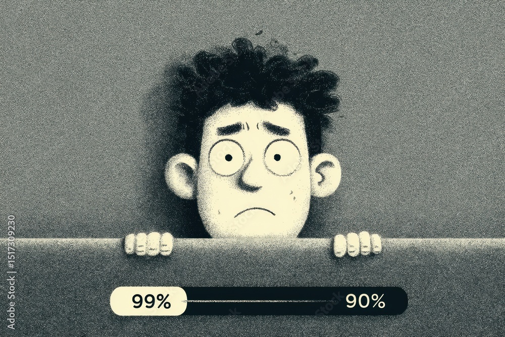 Poster Loading Bar at 99 Percent With Anxious Character Expression and Faded Layout Creating a Feeling of Anticipation and Frustration