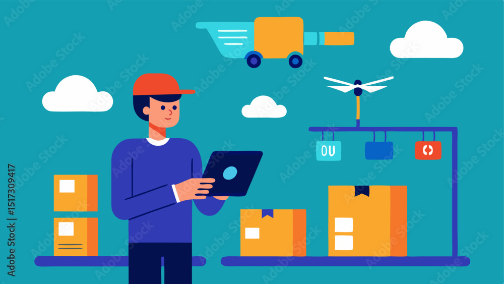 Poster inventory management system a warehouse scene with a worker viewing a smart tablet while ai drones m
