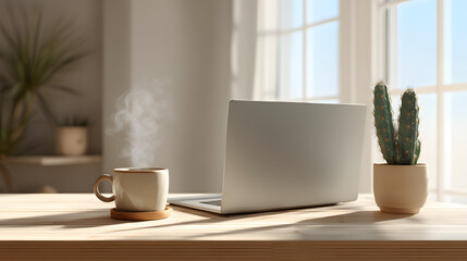 Sunlight illuminates a workspace featuring a laptop, coffee, and cactus