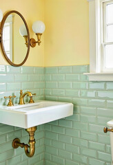 Enhance your bathroom with a vibrant design featuring refreshing mint green subway tiles, cheerful yellow upper walls, a classic wall-mounted sink with elegant brass fixtures