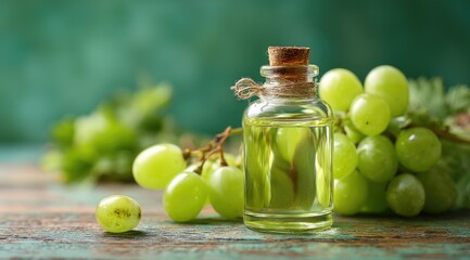 A small, clear glass bottle with a cork stopper contains pale yellow-green grape seed oil, 