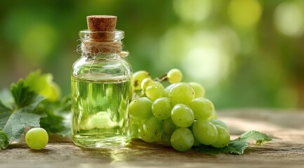 A small glass bottle with a cork stopper contains pale green liquid, possibly grape seed oil, sits beside a cluster of green grapes and leaves on a rustic wooden surface, blurred green background