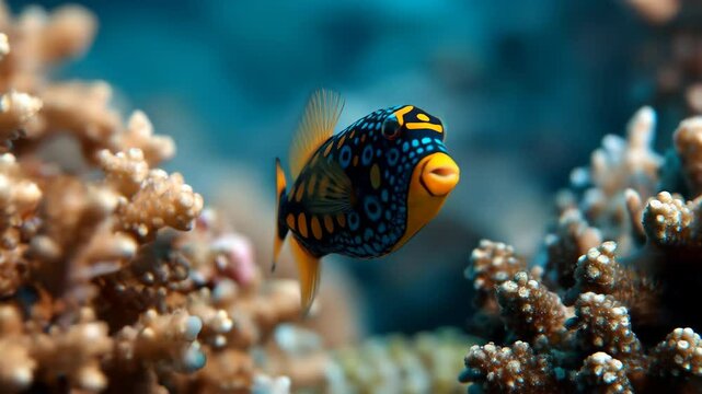 Colorful boxfish swims through vibrant coral reefs under clear blue ocean water depths