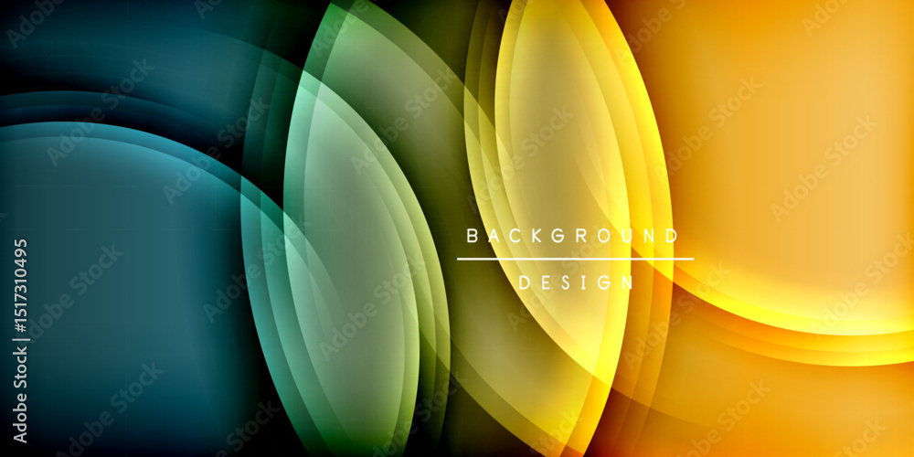 Poster Abstract flowing shapes, vibrant colors, dark background. Modern design elements create dynamic visual effect. Smooth gradients present elegance.