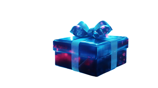 A beautifully wrapped gift box with a shiny blue ribbon tied in a bow on top.