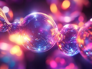 Abstract luminous sphere network, connected nodes in purple and gold bokeh lights