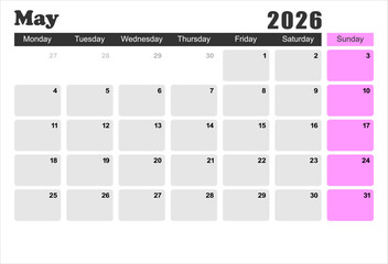 2026 monthly desk calendar template, The week start on monday, EPS file vector