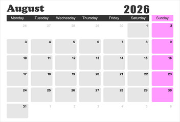 2026 monthly desk calendar template, The week start on monday, EPS file vector