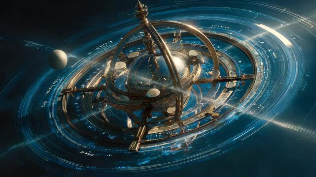 Abstract digital gyroscope with metallic rings and glowing particles, representing quantum physics, multidimensional data, and futuristic navigation systems