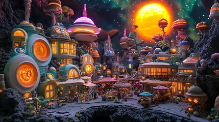 Enchanting futuristic cityscape nestled beneath a cosmic celestial expanse