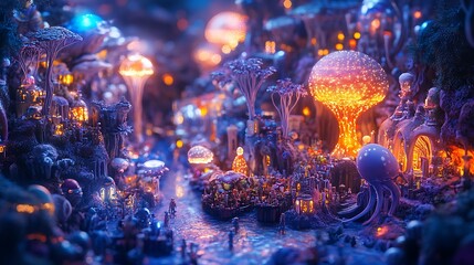 Enchanted bioluminescent utopia featuring unique flora and futuristic structures