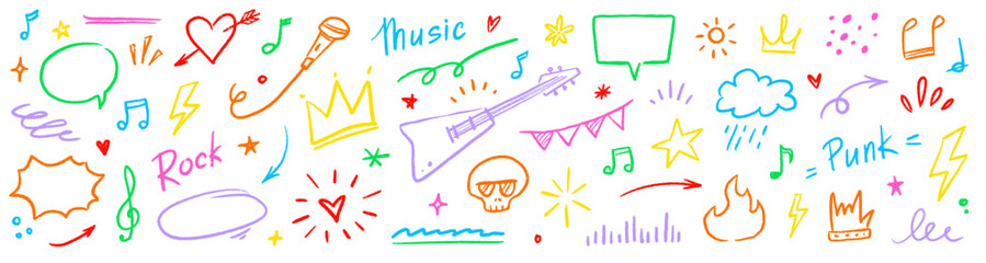 Music star doodle icon punk rock set. Hand drawn music sketch guitar, microphone, skull. Fun graffiti star shape doodle arrow, crown, speech bubble grunge decoration elements. Vector illustration