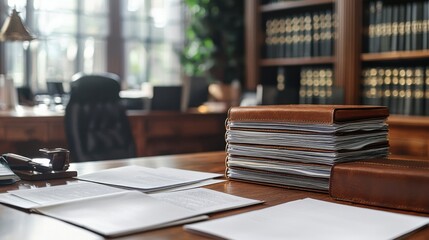 Office workspace with legal documents and books on wooden desk in law library or professional office setting with natural light and organized environment