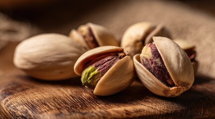 Close-up of several shelled pistachios on a rustic wooden board, some slightly open revealing their vibrant green kernels, against a blurred burlap backdrop