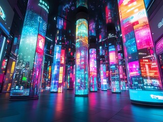 Luminous columns displaying vibrant visuals in a futuristic exhibition space