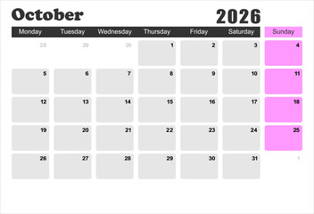 2026 monthly desk calendar template, The week start on monday, EPS file vector