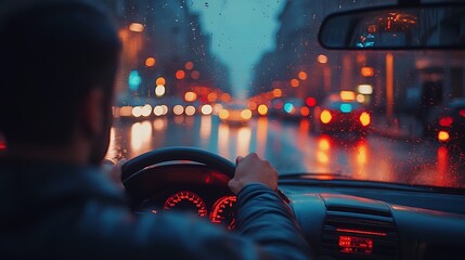 Driving in a nocturnal cityscape during rainfall creates a vivid visual experience