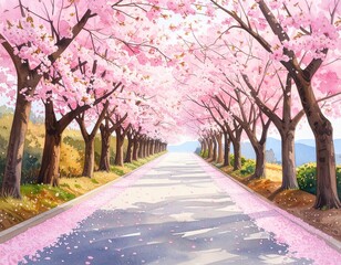 Naklejka premium Watercolor Cherry Blossom Path – Gentle Spring Illustration