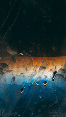 Matrix distortion. Broken glass. Blue orange color glitch noise dust scratches fractured distressed texture cracked screen on dark black abstract background.