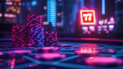 A neon-lit poker game with a glowing jackpot sign in the background