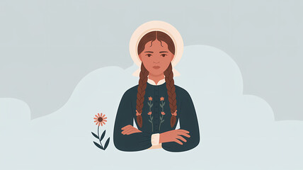 Young Woman from the Civil War Era in Blue Embroidered Dress and Bonnet, Flat Design with Grey Background and Stylized Wildflower
