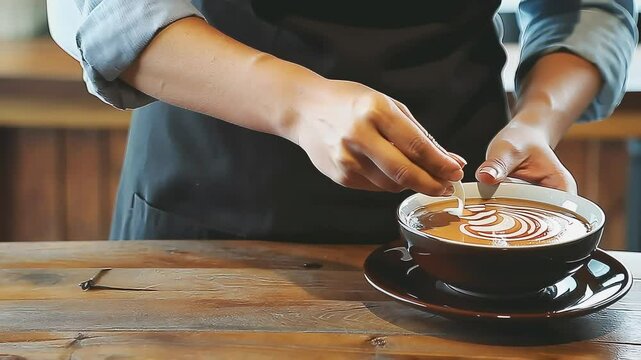 Expert Barista Creating Intricate Latte Art Coffee Shop Aesthetics