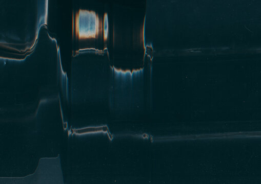 Distortion background. Glitch art. Blue orange black color frequency noise artifacts old film curve wave lines pattern dark abstract texture.