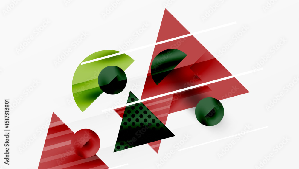 Aufkleber Abstract geometric composition. Red, green elements overlap, creating dynamic visual effect. White lines intersect shapes. Modern design.