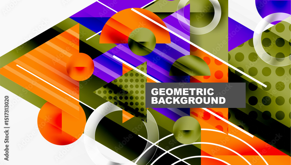 Poster abstract geometric design. vibrant colors, shapes overlap creating modern visual texture. lines, cir