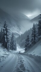 Snowy Mountain Forest Road in Winter Fog

