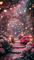Romantic Garden Pathway with Lanterns and Roses

