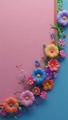 Colorful 3D Floral Border on Pink and Blue Background

