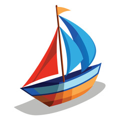 Cartoon sailboat with red and blue sails on a white background
