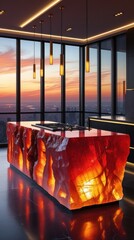 Luxury Kitchen with Glowing Gemstone Island and Sunset View

