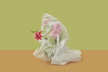 Colourful tulips in plastic bag, environmental pollution cause