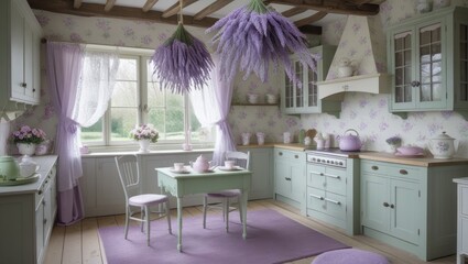 Charming Country Kitchen Interior with Lavender Accents - Rustic Farmhouse Design