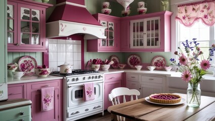 Pastel Country Kitchen Interior with Lavender Decor - Mint Green & Purple Accents