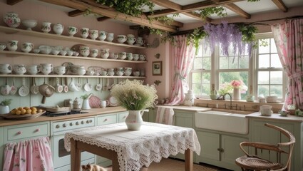 Charming Vintage Cottage Kitchen with Pink Decor and Floral Accents | Cozy Kitchen Ideas