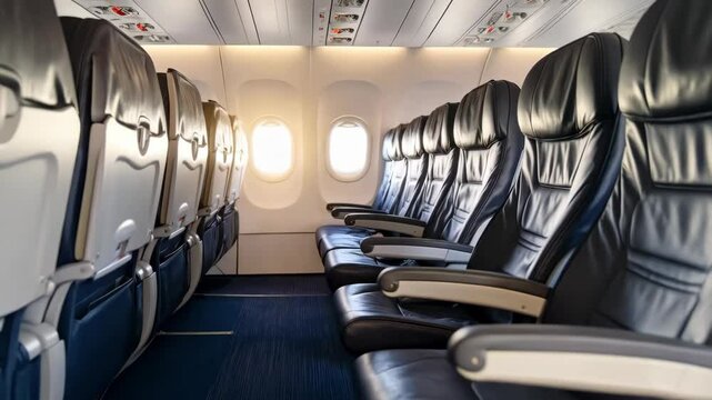 Rows of empty comfortable black leather seats inside a commercial passenger airplane with bright light coming from the porthole windows.