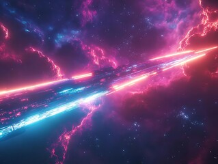 Neon interstellar highway amidst cosmic clouds, a journey through vibrant space