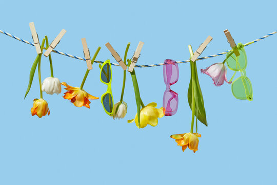 Tulips and sunglasses clipped with clothespins hanging upside dow