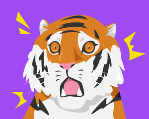 Vector illustration of tiger face shocked. Cartoon flat vector illustration.