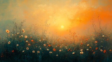 Dreamy romantic landscape painting of wildflowers glowing under a setting sun, viewed from ground level with horizon glowing orange. Soft-focus edges, pastel colors blending.