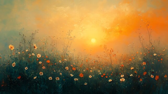 Dreamy romantic landscape painting of wildflowers glowing under a setting sun, viewed from ground level with horizon glowing orange. Soft-focus edges, pastel colors blending.