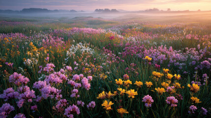 Obraz premium Vibrant meadow filled with colorful wildflowers under misty sunrise