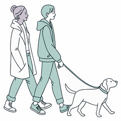 A charming couple strolls with their dog a delightful line art graphic perfect for branding websites or app design showcasing a peaceful walk a friendly canine companion and stylish apparel