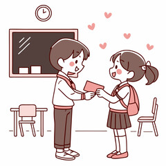Adorable school children exchanging a sweet note in a classroom setting a perfect scalable graphic for Valentine's Day cards kids books or educational materials