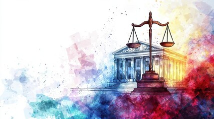 Vibrant watercolor illustration of a balanced scale symbolizing justice and law in front of a classical courthouse building with colorful splashes and artistic effects