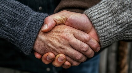 Fototapeta premium Close Up Weathered Hands Clasped in Firm Handshake